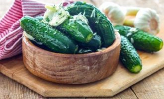 Licht gezouten komkommers in een zakje met knoflook en dille